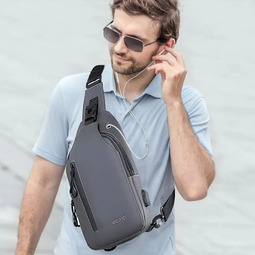💫 Men Grey Crossbody Bag Sling Waterproof USB Charging Port Headphone Backpack